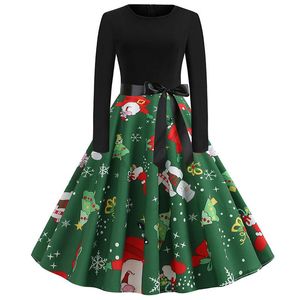 Casual Dresses Women Black Patchwork Elegant Vintage Print A-line Christmas Dress Plus Size Long Sleeve Slim Party Winter