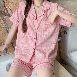 Femme Chic Stilvolle Nachtwäsche Lose Beiläufige Koreanische Alle Spiel Sommer Mädchen Plaid Homewear Pyjamas Sets 210525