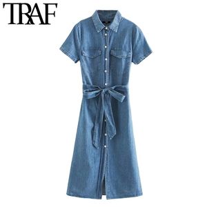 TRAF Women Chic Fashion With Belt Pockets Denim Midi Dress Vintage Lapel Collar Short Sleeve Female Dresses Vestidos 210415