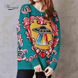 Mulheres New Vintage Quente Engrossar Suéteres UFO Nuvens Jacquard Pullovers Inverno Outono Malha Retro Tops Loose Blusas C-012 Y1118