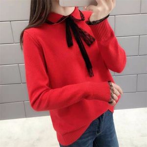 Moda Casual Autumn Sweater Mulheres Colares Rendas Muito Fada Travão Temperamento Vermelho Vento preguiçoso 210427