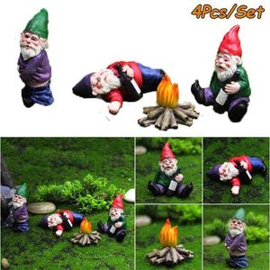 4PCS Fairy Garden Drunk Gnomes Miniature Ornaments Set Mini Dwarf Bonfire Statyer för Planter Flowerpot Decor Accessoarer 210908