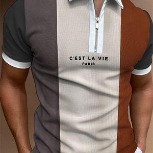 Men's Summer Short Sleeve Polo shirt with Stripe Stitching Casual Lapel Zip-up SHIRT S-3XL 220304