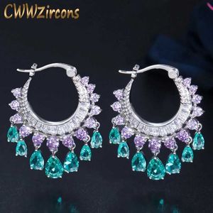 Elegant Purple Blue CZ Crystal Dangle Water Drop Tassel Hoop Earrings Fashion Bridal Wedding Boho Jewelry CZ741 210714