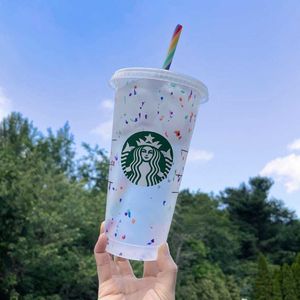ML Yeniden Kullanılabilir Starbucks Renk Değiştirme Soğuk Bardaklar Plastik Tumbler Kapak Yeniden Kullanımlık Plastik Kupası ile