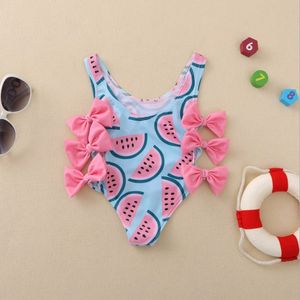 INS baby girls cartroon swim one-piece swimsuit fashion kids watermelon print bowknot swimwear children summer spa bathing suit S1253