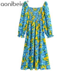 Blå blommig utskrift Kontrastfärg sommarkvinnor Casual Midi Dress Puff Sleeve Shirred Top High Waist Fit And Flare 210604