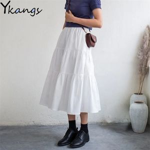 Summer cotton Midi Plaid skirt Black White Spring Women Long pleated Female Students Elastic High Waist Streetwear 210421