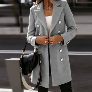 Autumn Winter Long-sleeved Turn Down Collar Double-breasted Woolen Coat Women Fashion Solid Color Black White Women Cloth 211130