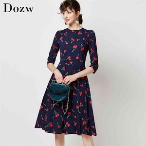 Vintage O Neck Casual A Line Cherry Print Dresses Women Autumn Three Quarter Sleeve Midi Elegant Party Pleated 210515