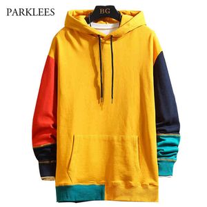 Patchwork Kazak Erkek Uzun Kollu Sıcak Kalın Ağır Hoodies Erkekler Katı Kontrast Splice Cep Boy Çekme Tişörtü 210524