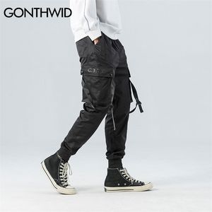 Gonthwid boczne kieszenie wstążki spychacze ładunkowe harem spodnie hip hop casual joggers streetwear moda spodnie spodnie spodnie 210715