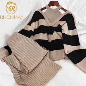 2PCS Set Women Knitted Pullovers Sweater Halter Stripe Knit Jumper Tops + Wide Leg Long Pants Suits Tracksuits 210506