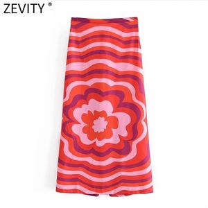 Zevity Womenヴィンテージストライプ花柄プリントカジュアルAラインミディスカートファルダスMujer女性シックバックジッパースプリットvestido QUN777 210721