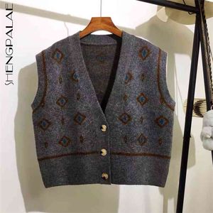 Shenpalae V-Neck Kamizelka Kamizelka Kidigan Damska Wiosna Luźna Krótki Bez Rękawów Geometryczny sweter Waistcoat Kobieta 5A1151 210427