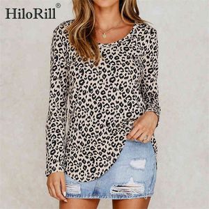 Casual T Shirt Kvinnor Leopard Print Höst Långärmad T-tröja O-Neck Ladies Loose Tunic Tee Top Camiseta Mujer XL 210508