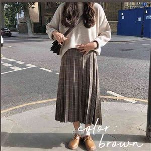 A Line pleated plaid students Mid Calf Women Vintage Spring Skirt Long Office Lady High Waist Girls Skirts Autumn 210417