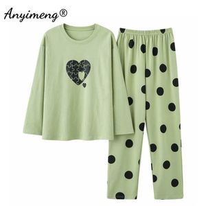 Lady Pijama Set Chic Polka Dot Kalp Jigsaw Bulmaca Yumuşak Pamuk Pijamas Kadınlar için Moda Kore Tarzı Ev Loungewear Kızlar için 211019
