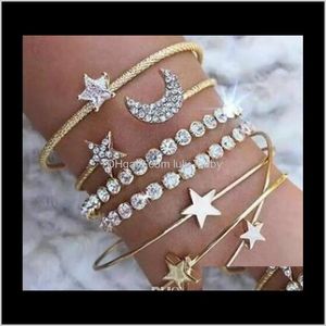 Drop Delivery 2021 Fashion Designer Brand Four-Piece Set Bangle Shining Crystal Rhinestone Star Moon Charm Open Bracelets Women Fine Jewelry