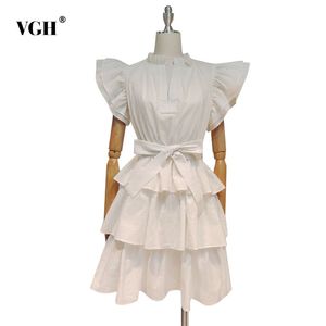 Vgh vit casual klänning för kvinnor står krage kortärmad hög midja spets upp bowknot patchwork ruffle mini klänningar kvinnlig 210421