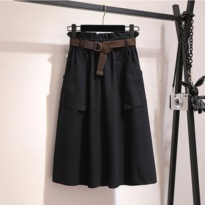 Midi Knee Length Summer Skirt Women With Belt Spring Casual Cotton Solid High Waist Sun School Skirt Female 210419