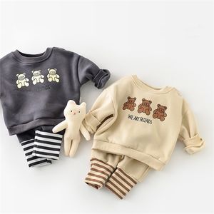 MI Baby Clothing Set Toddler Bear Suits Fur Lining Girls Outfit Casual Hoodie And Pants 2 Pcs Set 220118