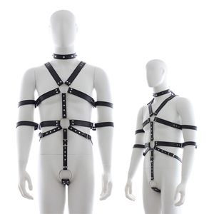 Herrunderkläder kyskhetsbälte Pu läderhalskrage Bodysuit Sele Kläder för män Gay Bondage Bdsm Återhållsamhet Sexleksaker Kostym Y0406