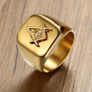 Gold Color Masonic Compass Plac Mason Ring High Polished Stainless Steel Dla Mężczyzn Party Biżuteria Prezenty Klaster Pierścienie