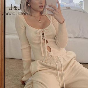 Jocoo Jolee Autunno Donna Sexy Manica lunga Lace Up Maglione lavorato a maglia Elegante Slim Cardigan Fasciatura Top corto Capispalla 210518