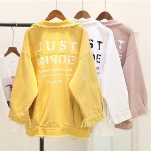 Women's Jackets 2022 Letter Print Boyfriend Jeans Jacket For Women Girl Candy Color Denim Cotton Lady Coat Loose Hole Chaqueta Mujer