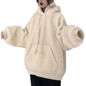 2021 Зима ягненка плюшевые теплые дамы пуловер твердого цвета белый плюс бархат утолщение вскользь свободный фонарик рукава женщин hoodie x0721