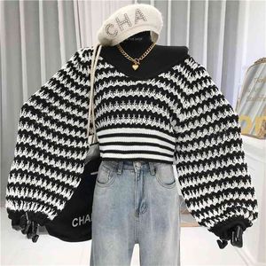 Women Sweater V-neck Striped Printed Lantern Sleeve Knitted Pullover Femme Spring Autumn Black Loose Oversize Knitwear Crop Top 210514