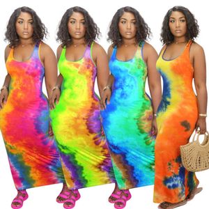 Kadın Elbise Tasarımcısı Seksi Uzun Elbiseler Kravat Boya Kolsuz Casual Etek U-Boyun Büyük Salıncak Baskılı Elbise 4 Renkler