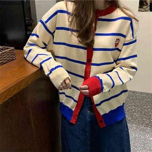 Wiosna Jesienna Kobiety Pasiasty Knit Cardigan Koreański Sweter Moda Z Długim Rękawem Single Breasted Pullover Topy Damskie 210513