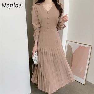 Nepleo V Neck Lace Up Bow Design Dress Women High Waist Hip A Line Draped Vestidos Spring Solid Robe Feminino Wild 210422