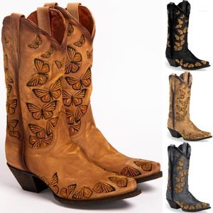 Botas Wenyujh Mulheres Mid-bezerro Alta Borboleta Bordada Afligida Vintage Ladies Western Cowgirl Boots11