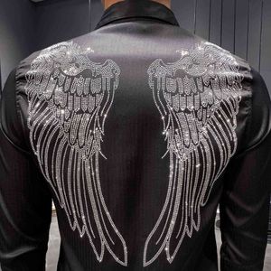 Camicia da uomo Designer Wing Manica lunga Casual Camicie eleganti slim fit Nero Bianco Streetwear Camisa Social Masculina 210527