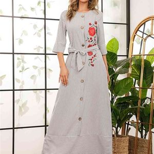 Sukienki dla kobiet Casual Indie Folk Haft Paski Pół Rękaw Wiosna Lato Kobieta Elegancka Szczupła Długa Dress Z Pasem 210517