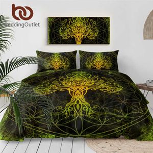 BeddingOutlet Set di biancheria da letto di lusso Albero della vita Copripiumino King Size Letto nero dorato 3 pezzi Copriletti floreali all'ingrosso 210615