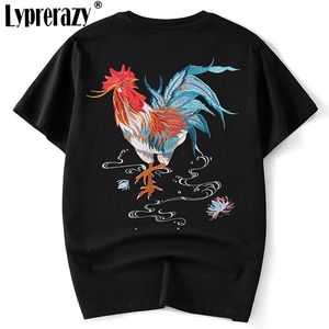 Chinese Style Embroidered Cock Men's T-shirt Summer Cotton Short Sleeve Hip Hop Casual Tees Tops