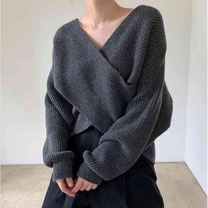 Solid V-neck Sweater Women Pullovers OL Elegant Work Wear Long Sleeve Casual Knitted Sweaters Office Lady Tops 210421