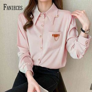 Блузка мода с длинным рукавом женщин блузки и топы поворотные воротника с твердой розовой офисной рубашкой случайные Blusas Chemise Femme 210520