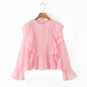 HSA Różowy Rękaw Rękaw Loose Blusa Polka Dots Fashion Streetwear and Top Shirts Ruffles Bluzki Lato Tiops 210417