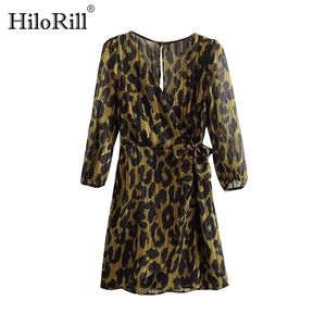 Women Leopard Print Short Dress V-neck Summer Chiffon Mini Chic Hollow Out Sundress Vintage Ladies Sashes es 210508