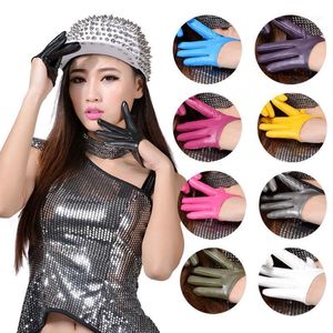 Women Fashion PU Leather Gloves Sexy Half Palm Full Finger Lady Stage Show Party Nightclub Pure Black Short Mittens1