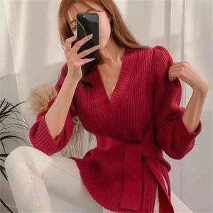 Outono inverno mulheres elegante v-pescoço de manga longa lace up cinto pulôver split Split Split Casual Jumper Sweater 210514