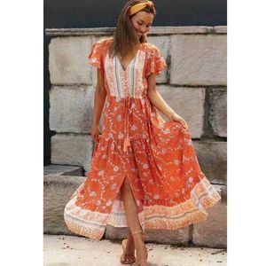 Leopard Print Maxi Dress 여성 짧은 플레어 슬리브 드레스와 함께 영감을 된 산호 꽃 탄성 허리 코튼 여름 드레스 210412