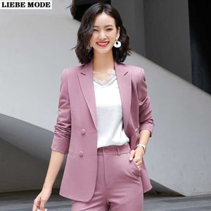 Kvinnors Business Passar Blazer With Pants Arbeta Två 2 Stycksdräkt Ställ Kvinnor Koreanska Ladies Kontor Arbete Wear Byxor Suite Rosa Blå 210927