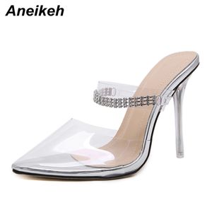 GAI GAI GAI Sexy PVC Pointed End Transparent High Heel Slippers Summer Rhinestone Slip on Thin Heels Slides Women Mules Siery 210507