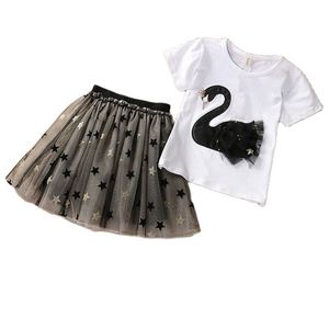 Cotton t-shirt short-sleeved girls dress summer children little princess fluffy clothing sets two-piece skirt P4661 210622